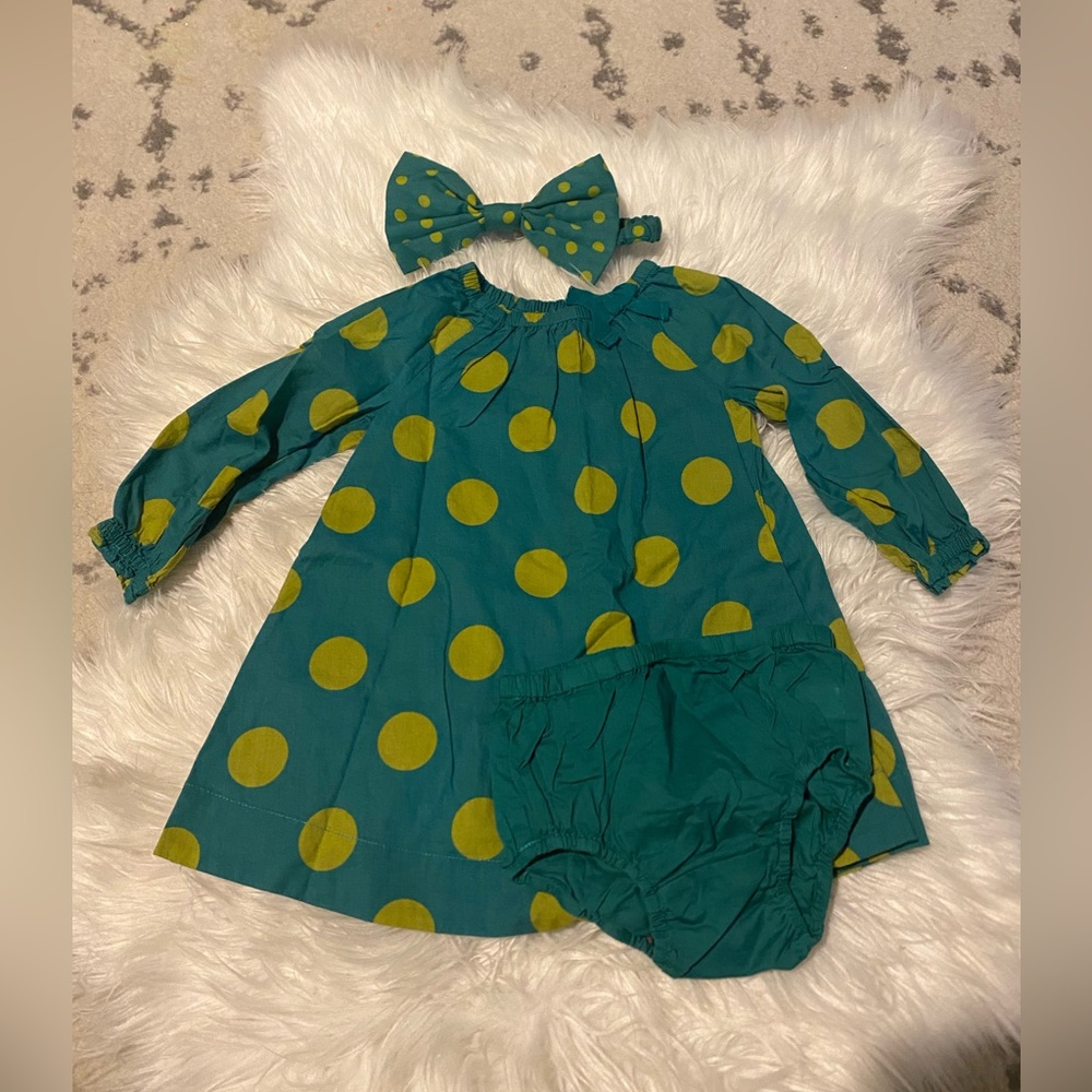 Baby gap cotton green dress with bow headband and diaper cover